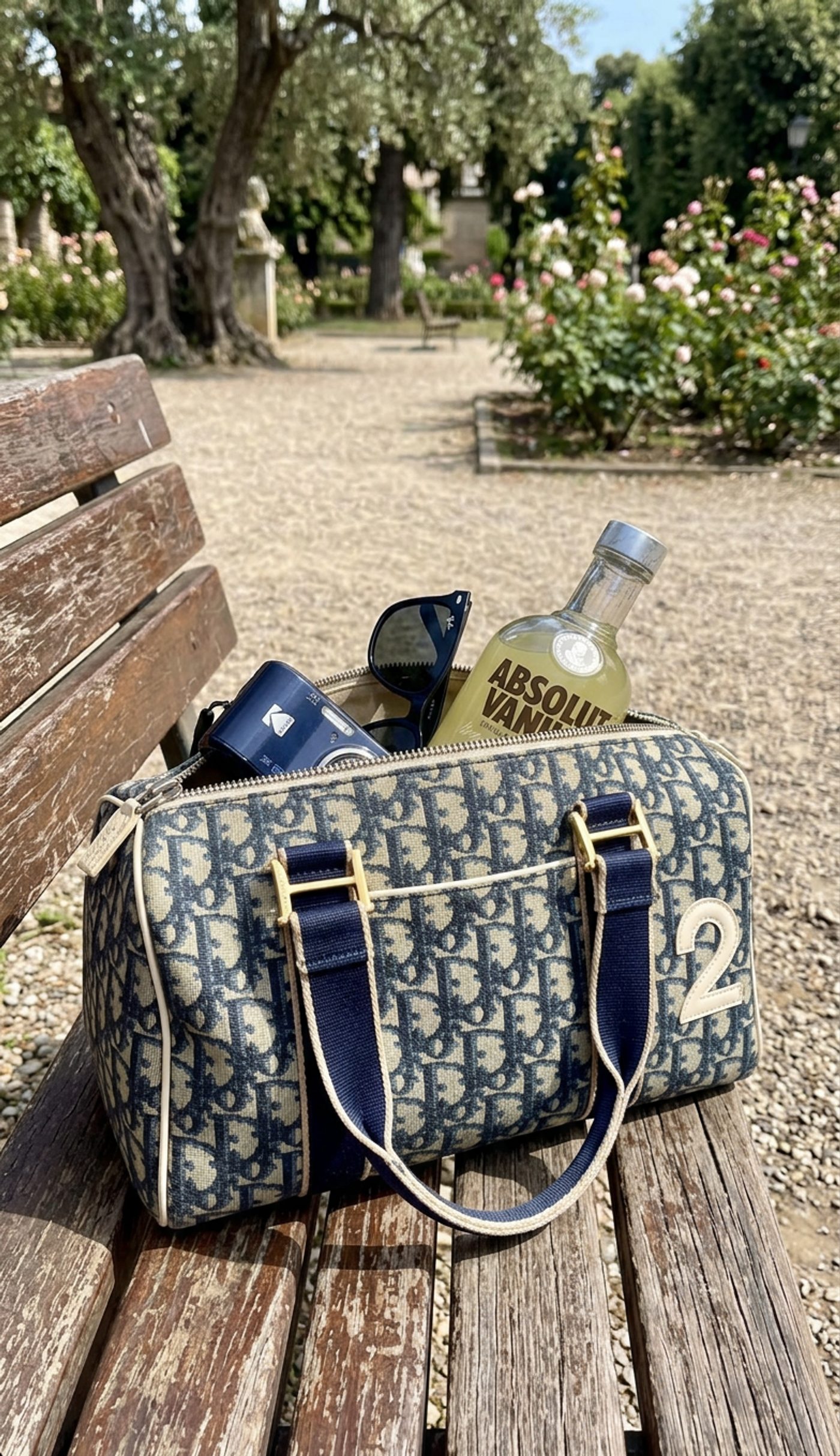A vintage Dior Oblique duffle bag open on a weathered park bench in a rose garden, packed with sunglasses and a camera