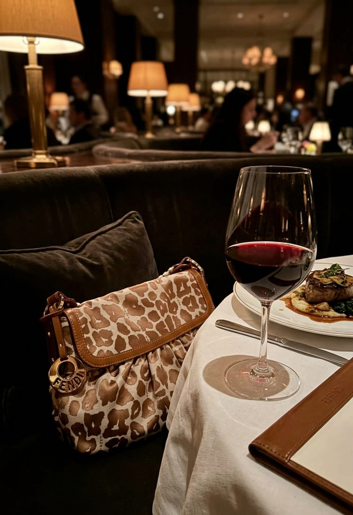 A leopard print Fendi bag resting on a velvet banquette beside a glass of red wine in a dimly lit restaurant