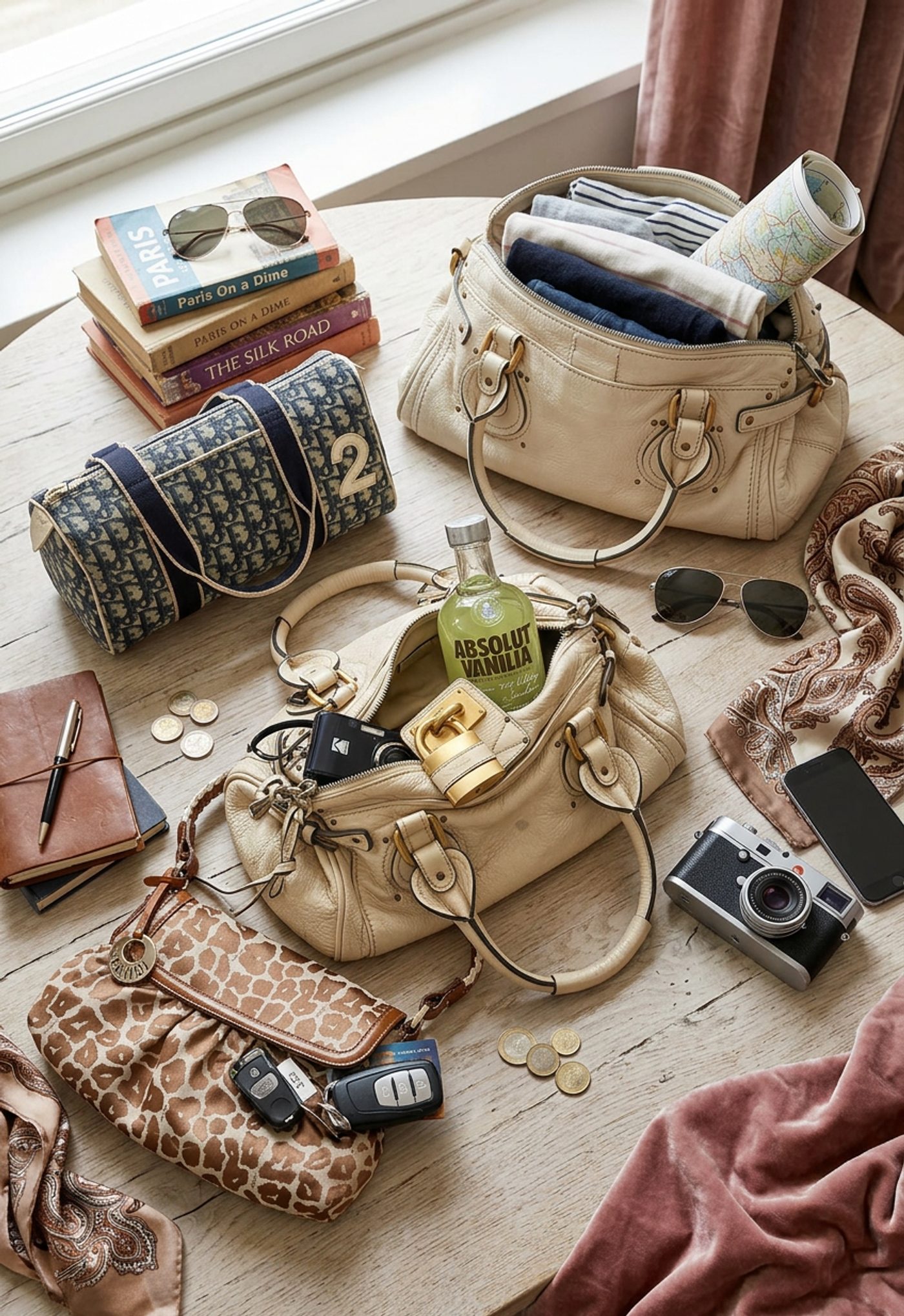 A table laid with vintage designer bags being packed: a Dior Oblique duffle, two cream Chloé Paddingtons, a leopard print Fendi clutch, travel books, a camera and silk scarves